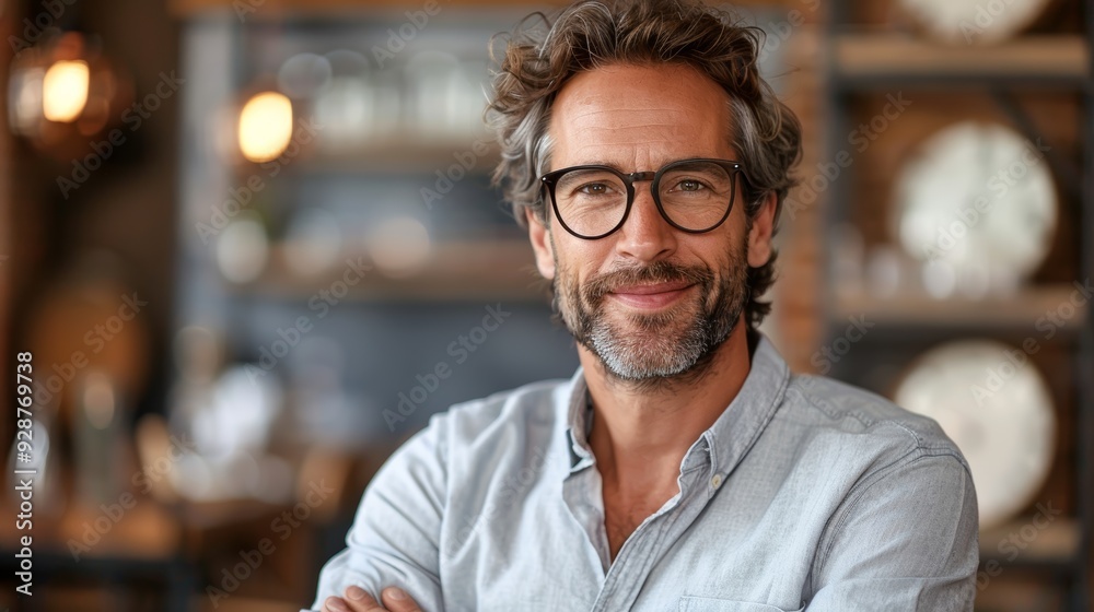 A smiling middle-aged man with glasses poses confidently in a cozy cafe during the daytime A smiling middle-aged man with glasses poses confidently in a cozy cafe during the daytime