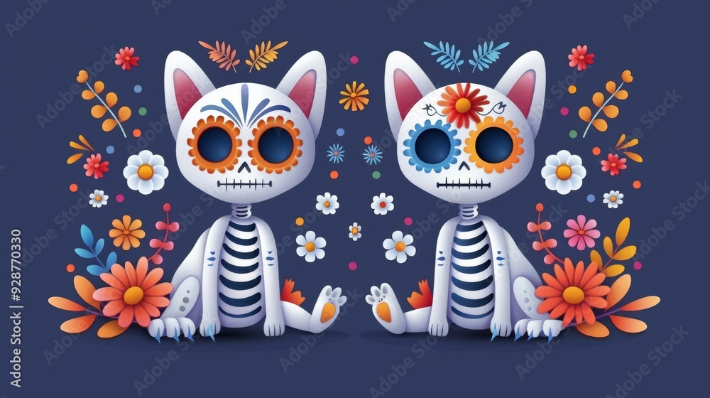 Two cats with flowers and skulls on their faces Two cats with flowers and skulls on their faces