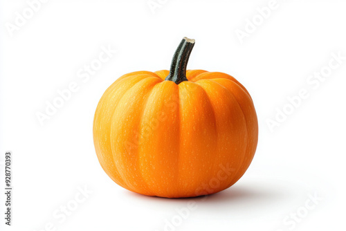 Fresh orange pumpkin with a green stem, perfect for autumn decorations and Halloween themes, showcasing vibrant color and texture.