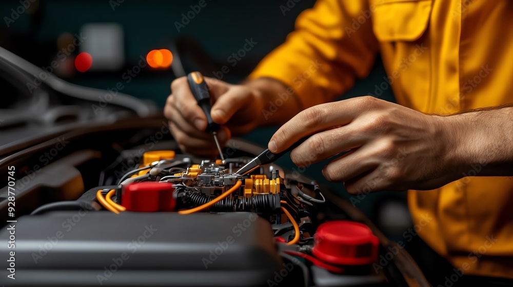 Close-up of a technician's hands working on complex wiring in an engine compartment, showcasing precision and attention to detail. Close-up of a technician's hands working on complex wiring in an engine compartment, showcasing precision and attention to detail.