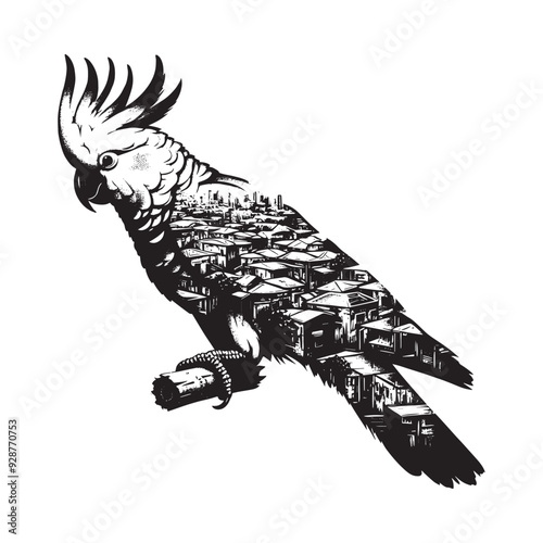 silhouette of Cockatoo filled with ghetto street in rough drawing