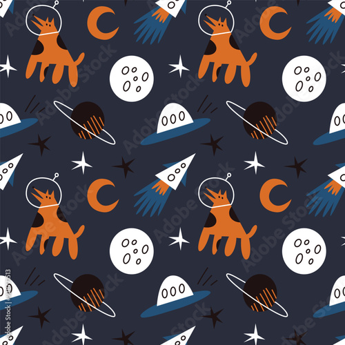 Vector seamless pattern with space and astronaut dogs. Modern design for fabric and paper, surface textures. 