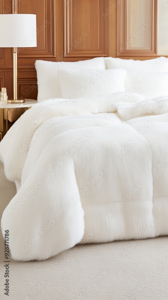 Obraz premium A luxurious sheepskin duvet cover creates a cozy ambiance in a softly lit bedroom with wooden paneling and plush white textures