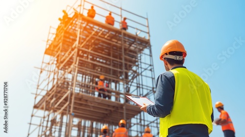 Construction worker supervises a scaffolding site, ensuring safety and efficiency during a building project.
