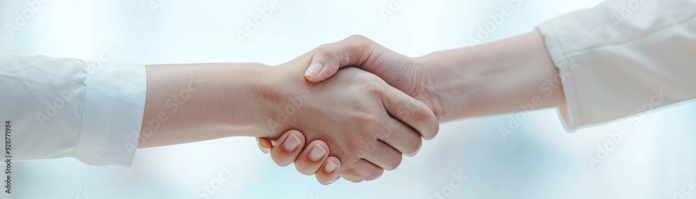 Close-up of two people shaking hands, symbolizing agreement, partnership, or a successful business deal on a light background. Close-up of two people shaking hands, symbolizing agreement, partnership, or a successful business deal on a light background.