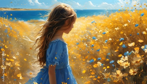 The girl was walking in the golden sea of flowers, with the blue ocean and sky behind her. photo