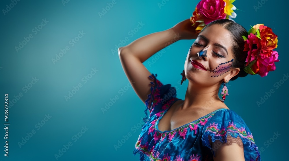 A woman in a blue dress with a flower headband and a painted face A woman in a blue dress with a flower headband and a painted face