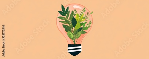 Light bulb filled with greenery, ideas blooming into growth, flat design illustration photo