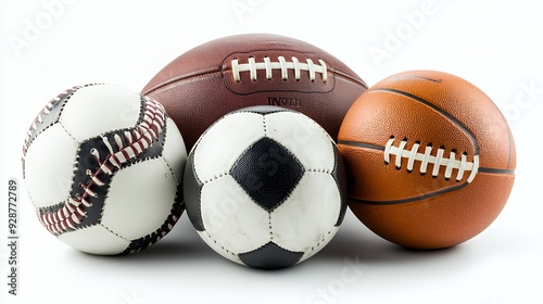 A group of four sports balls, a football, a basketball, a soccer ball, and a baseball, are displayed on a white background.