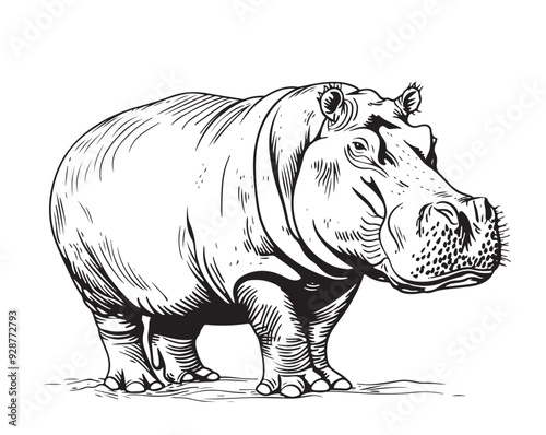 Hand drawn hippo . Sketch, vector illustration.