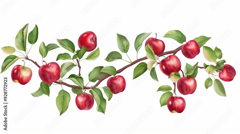 Red apples with green leaves on a branch isolated on white background. Red apples with green leaves on a branch isolated on white background.
