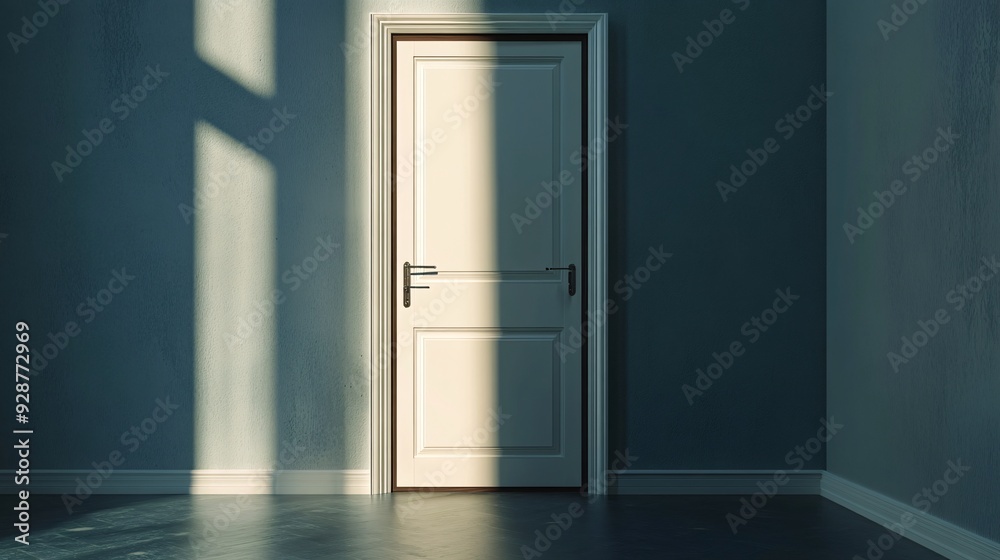 Bright door opening into a room full of opportunities, shadows of risks cast long behind.