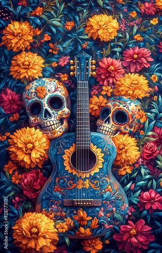 Day of the Dead in Mexico. Skulls, orange marigolds and guitar