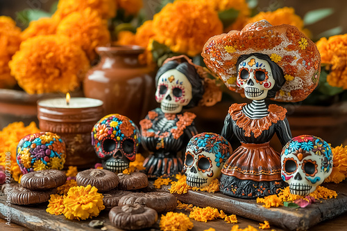 Day of the Dead in Mexico. Decoration on the altar, grave in the form of skulls, orange marigolds