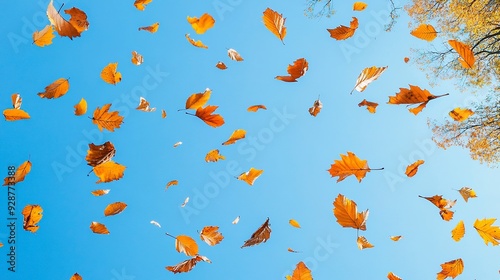 Vibrant autumn leaves falling from trees against a clear blue sky, capturing the beauty and essence of the autumn season. 