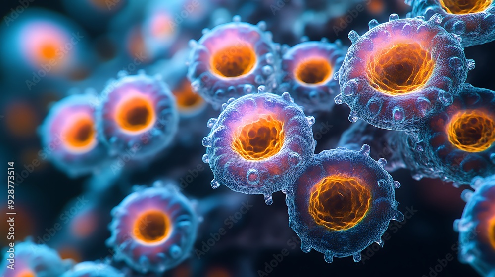 Close-up of monkeypox virus cells under a microscope, vibrant colors highlighting the viral structure