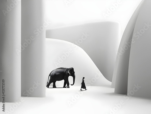 A lone woman walks past a large elephant in a minimalist, white setting.