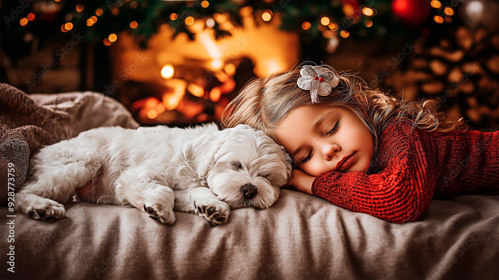 Obraz premium Slepping dog and little girl enjoying Christmas ambiance by a fireplace.