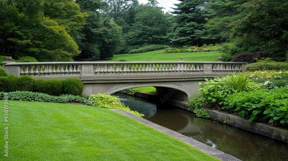 Fototapeta premium The serene stone bridge in a blooming garden offers a peaceful retreat, surrounded by lush plants and a gentle stream reflecting nature’s beauty