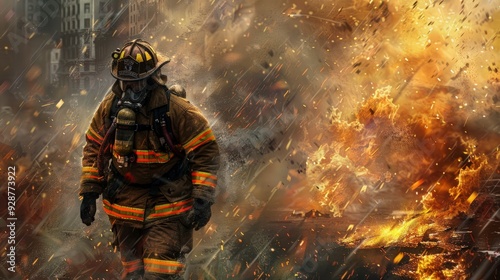 A firefighter walks through a raging fire, smoke and debris flying in the air.