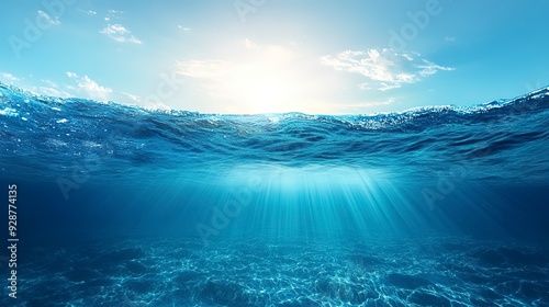 Fototapeta Naklejka Na Ścianę i Meble -  Blue water and clear sky. Cross-section of deep ocean with waves on the surface. Rays of light illuminating clear dark blue water. Marine landscape. Copy space.
