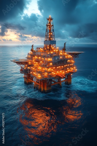 A brightly lit offshore oil rig at dusk, its lights reflecting on the calm ocean, under a dramatic, cloudfilled sky photo