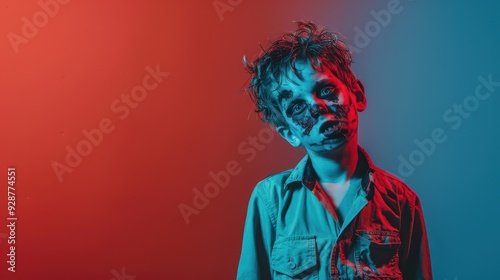 Boy in Blue Shirt with Zombie Makeup Under Red and Blue Lighting photo