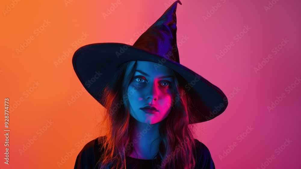 Woman with Black Witch Hat in Neon Pink and Orange Light Woman with Black Witch Hat in Neon Pink and Orange Light