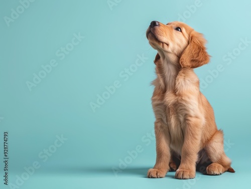 A cute golden retriever puppy sitting on a solid p 287 dog, retriever, golden, pet, animal, golden retriever, canine, puppy, cute, white, isolated, purebred, labrador, breed, portrait, domestic, happ