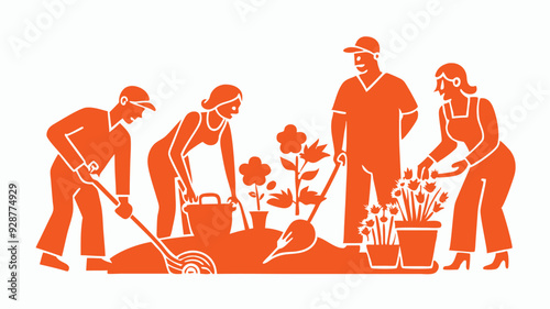 Men and women are gardening and plant vegetables, flower