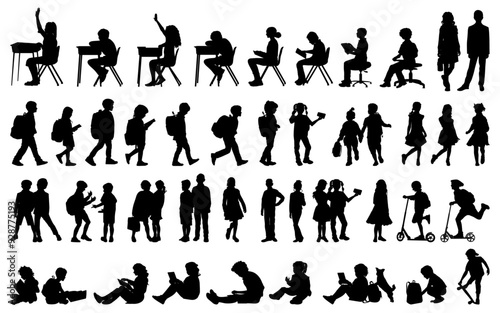 Collection of school children silhouettes. Vector illustration.	
