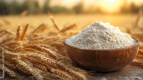 Bowl of flour with wheat stalks on a wooden table, set against a golden wheat field under the sun photo