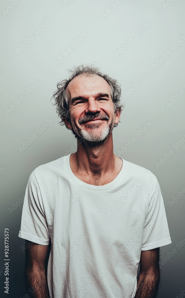 An attractive middle-aged man wearing a casual t-shirt with a happy and cool smile. An attractive middle-aged man wearing a casual t-shirt with a happy and cool smile.