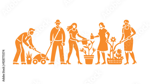 Men and women are gardening and plant vegetables, flower