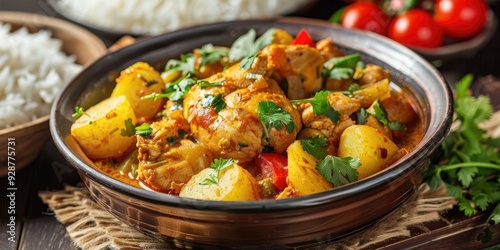 Traditional Indian Chicken Curry with Potatoes Vegetables and Rice