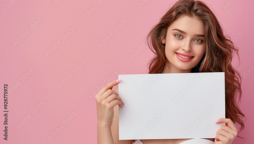 Happy beautiful young woman with blank sheet of white paper in hands. Happy beautiful young woman with blank sheet of white paper in hands.