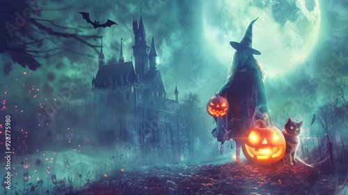 Witch with Jack-o'-Lantern and Black Cat in Front of Haunted Castle