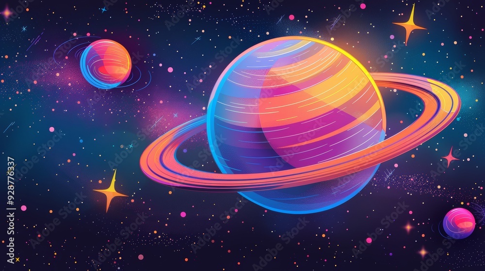 Naklejka premium Cartoon vector planet with rings surrounded by colorful stars