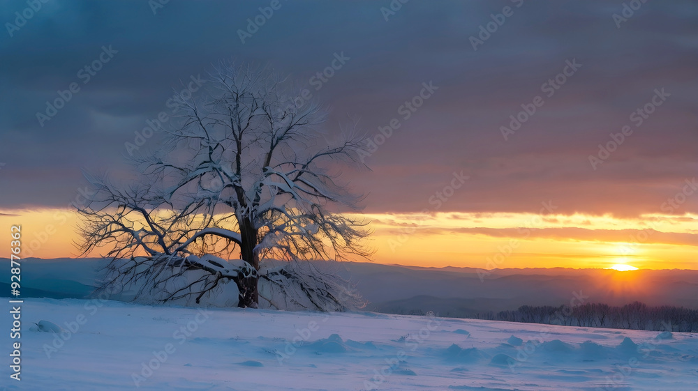 Lonely tree covered in snow standing in a snowy field during a winter sunset with colorful skies and distant mountains Lonely tree covered in snow standing in a snowy field during a winter sunset with colorful skies and distant mountains