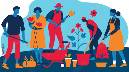Men and women are gardening and plant vegetables, flower