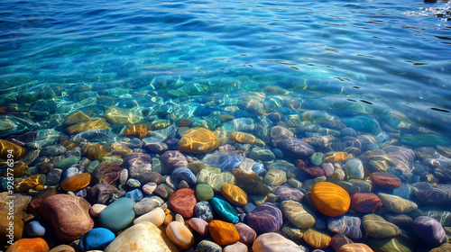 Transparent blue sea water through which colorful pebbles lying on the seabed are visible. Sunlight creates beautiful reflections on the water's surface