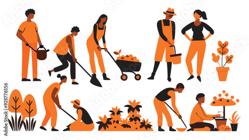 Men and women are gardening and plant vegetables, flower flat illustration