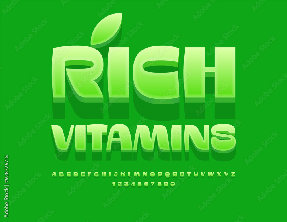 Vector healthy concept Rich Vitamins with decorative Leaf. Stylish Green Font. Elegant Alphabet Letters and Numbers set. Vector healthy concept Rich Vitamins with decorative Leaf. Stylish Green Font. Elegant Alphabet Letters and Numbers set.