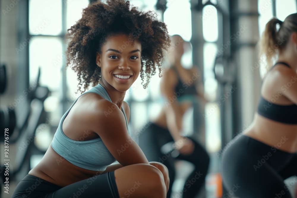 An empowered fitness enthusiast is featured in a motivational gym scene, demonstrating commitment to health through cardio, strength training, bodyweight exercises, and promoting teamwork