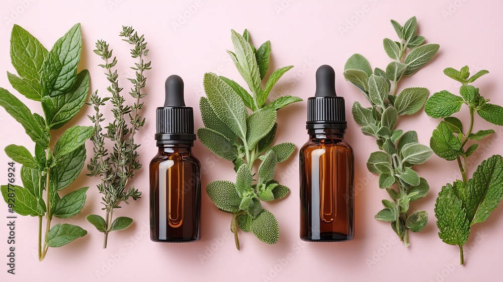 Various essential oil bottles with fresh herbs, neatly arranged on a pastel pink background Various essential oil bottles with fresh herbs, neatly arranged on a pastel pink background