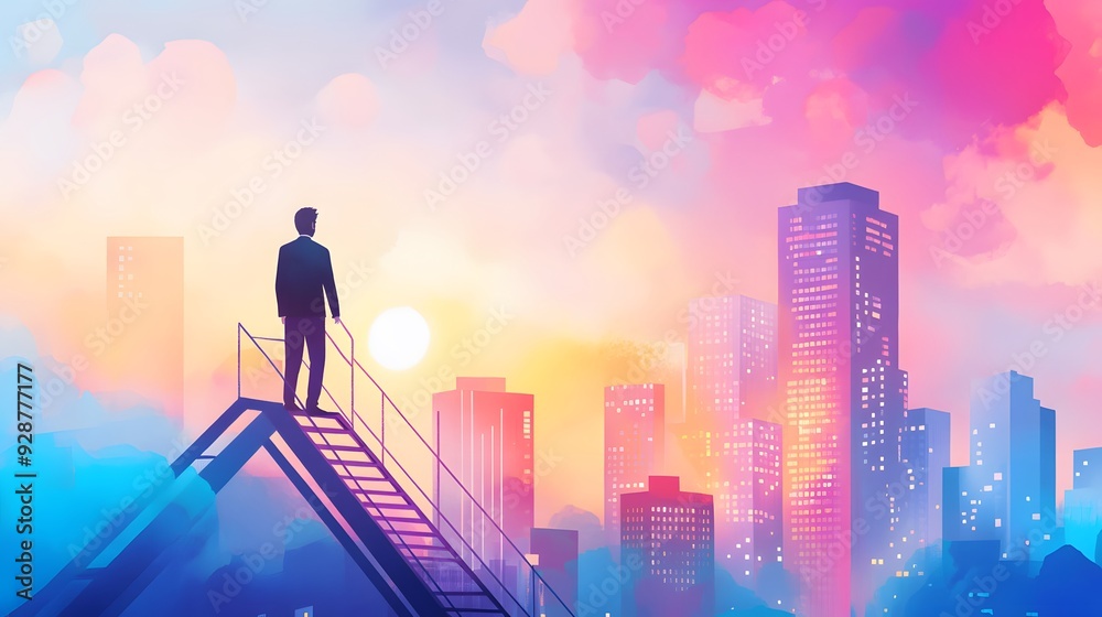 Man in Suit Standing on a Staircase Looking at a City Skyline Man in Suit Standing on a Staircase Looking at a City Skyline