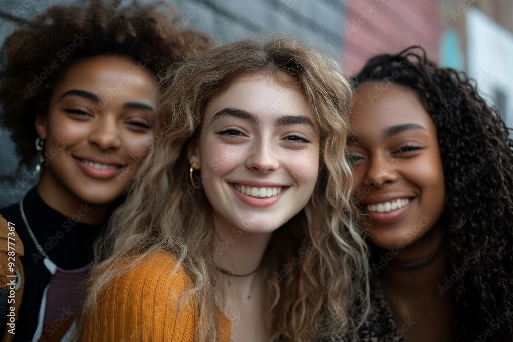 Multiracial happy friends posing for photo looking at cheerful camera. Group portrait of smiling people leaning together on brick wall outdoor. Relationships in Generation z, youth and, Generative AI