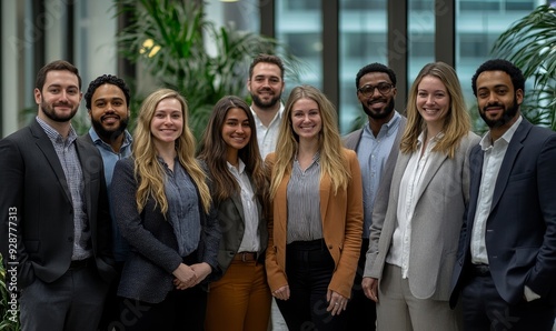 Candid photo of a diverse team of co-workers standing for a group picture, Generative AI