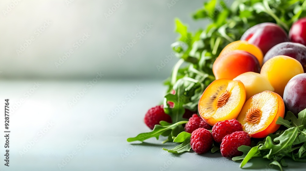 Fresh fruit salad on a light, airy background, featuring arugula, juicy plums, and nectarines, topped with delicate soft cheese, perfect for summer Fresh fruit salad on a light, airy background, featuring arugula, juicy plums, and nectarines, topped with delicate soft cheese, perfect for summer