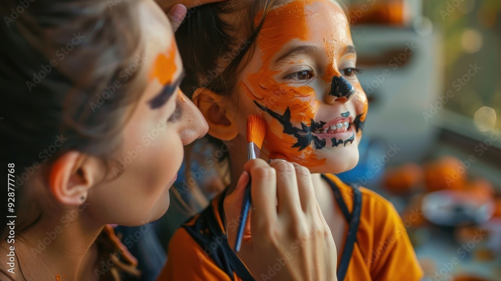 Woman Painting Pumpkin Face Makeup on Child Woman Painting Pumpkin Face Makeup on Child